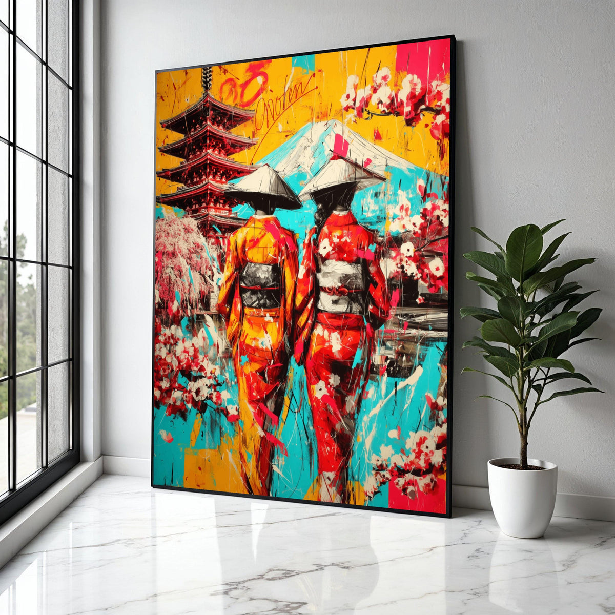 Vibrant Japanese Geisha Canvas Art, Mount Fuji & Pagoda Landscape, Colorful Kimono Wall Decor, Oriental Culture Gift Art, Home Decor, Print