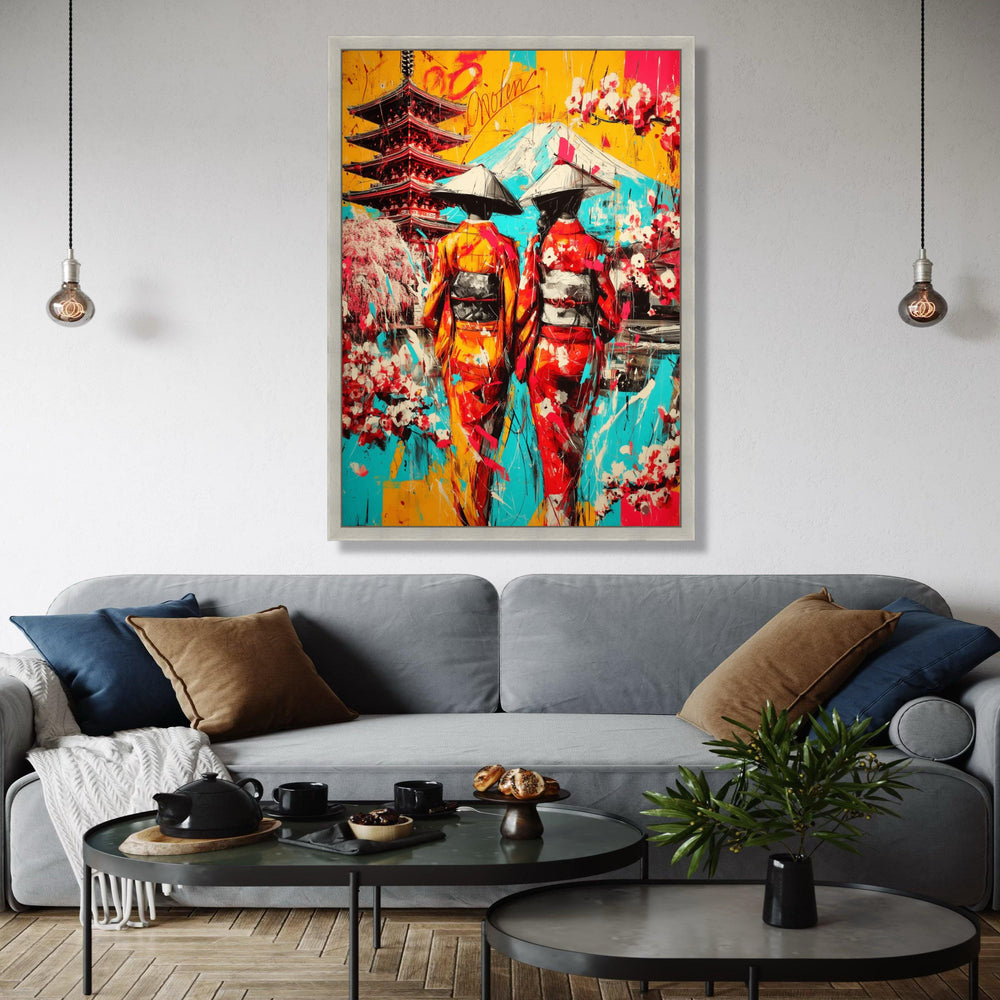 Vibrant Japanese Geisha Canvas Art, Mount Fuji & Pagoda Landscape, Colorful Kimono Wall Decor, Oriental Culture Gift Art, Home Decor, Print