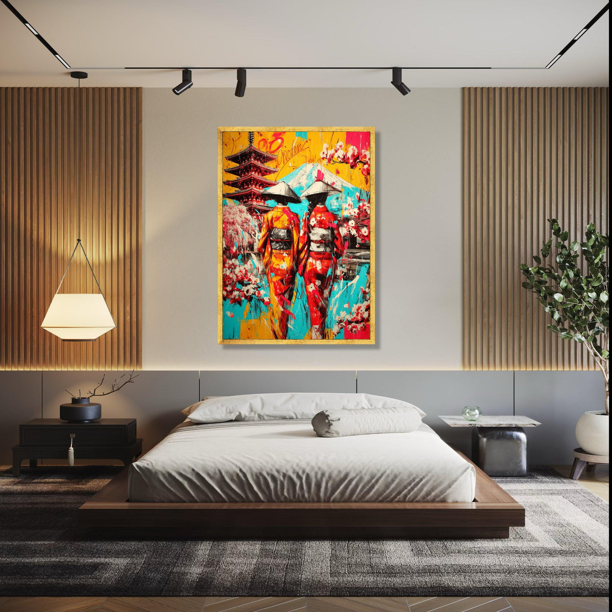 Vibrant Japanese Geisha Canvas Art, Mount Fuji & Pagoda Landscape, Colorful Kimono Wall Decor, Oriental Culture Gift Art, Home Decor, Print
