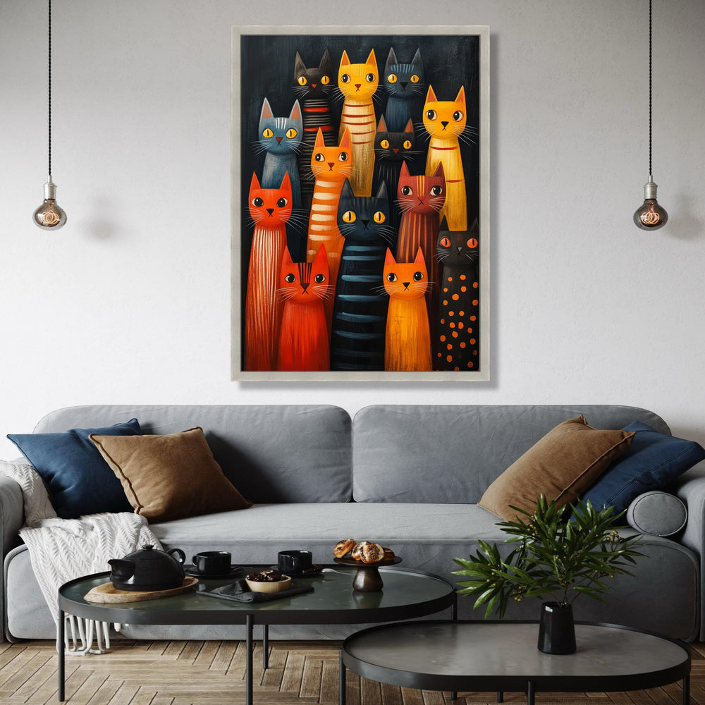 Colorful Cats Gathering Canvas, Whimsical Feline Art, Modern Cat Wall Decor, Playful Animal Painting, Cute Kitty Gift Art, Home Decor, Print