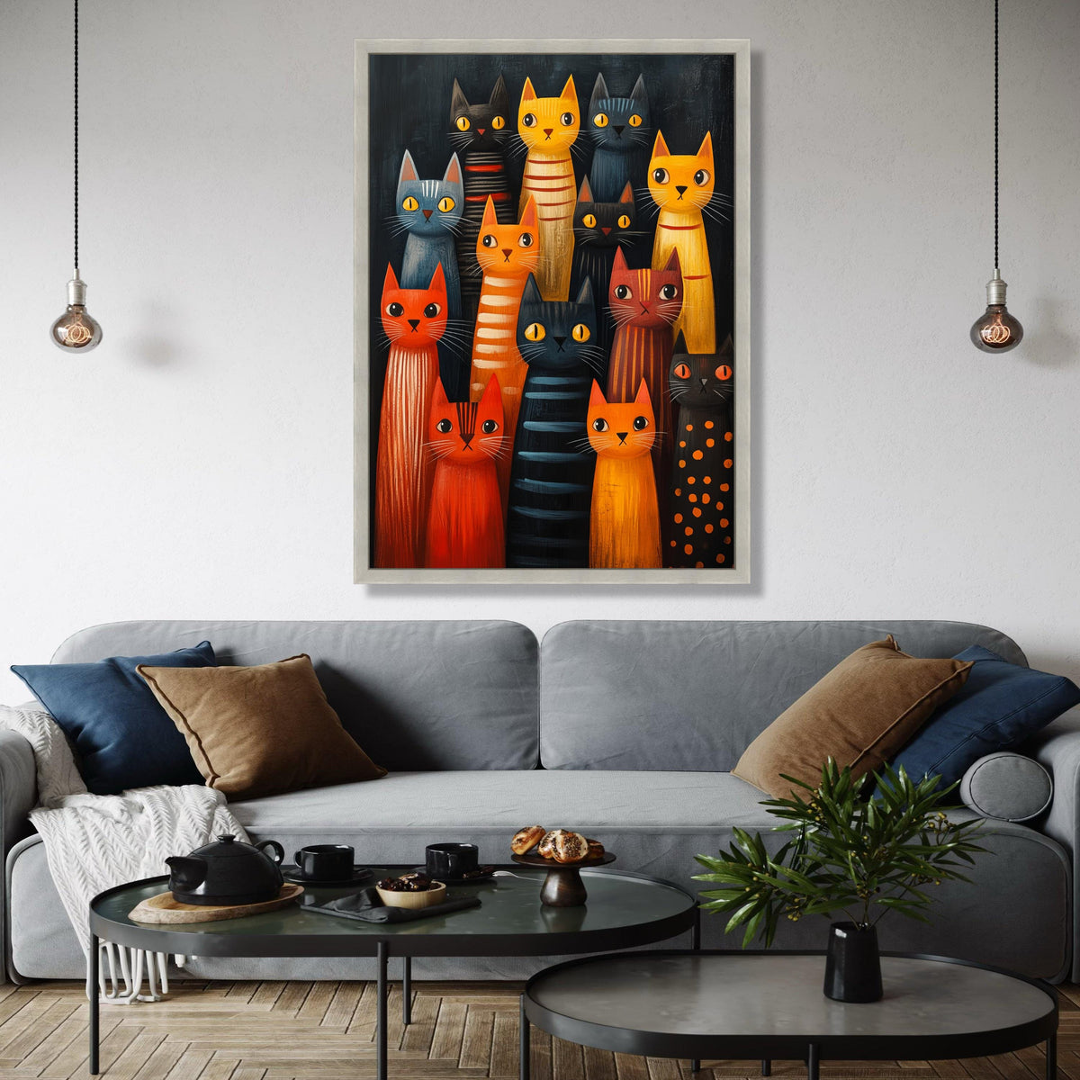 Colorful Cats Gathering Canvas, Whimsical Feline Art, Modern Cat Wall Decor, Playful Animal Painting, Cute Kitty Gift Art, Home Decor, Print
