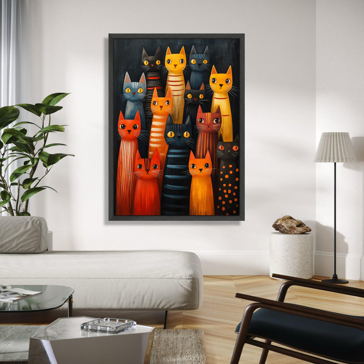 Colorful Cats Gathering Canvas, Whimsical Feline Art, Modern Cat Wall Decor, Playful Animal Painting, Cute Kitty Gift Art, Home Decor, Print