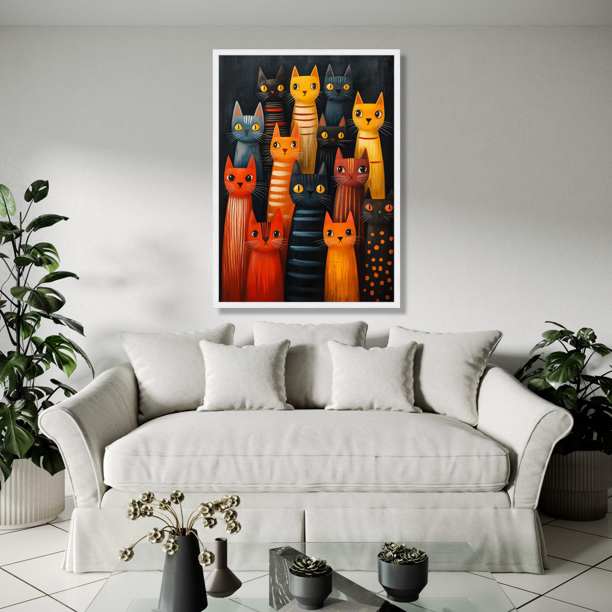 Colorful Cats Gathering Canvas, Whimsical Feline Art, Modern Cat Wall Decor, Playful Animal Painting, Cute Kitty Gift Art, Home Decor, Print