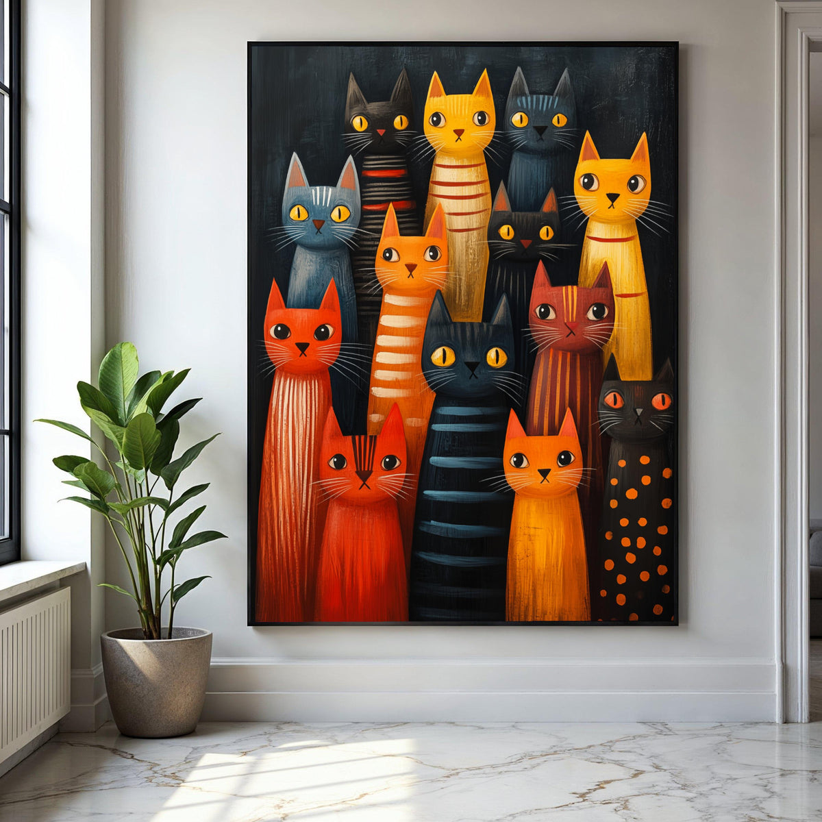 Colorful Cats Gathering Canvas, Whimsical Feline Art, Modern Cat Wall Decor, Playful Animal Painting, Cute Kitty Gift Art, Home Decor, Print