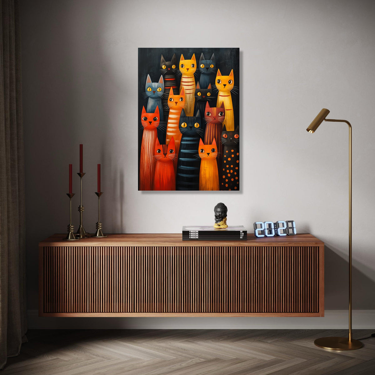 Colorful Cats Gathering Canvas, Whimsical Feline Art, Modern Cat Wall Decor, Playful Animal Painting, Cute Kitty Gift Art, Home Decor, Print