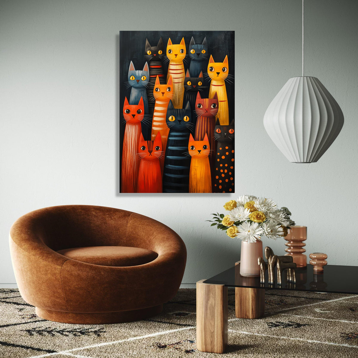 Colorful Cats Gathering Canvas, Whimsical Feline Art, Modern Cat Wall Decor, Playful Animal Painting, Cute Kitty Gift Art, Home Decor, Print
