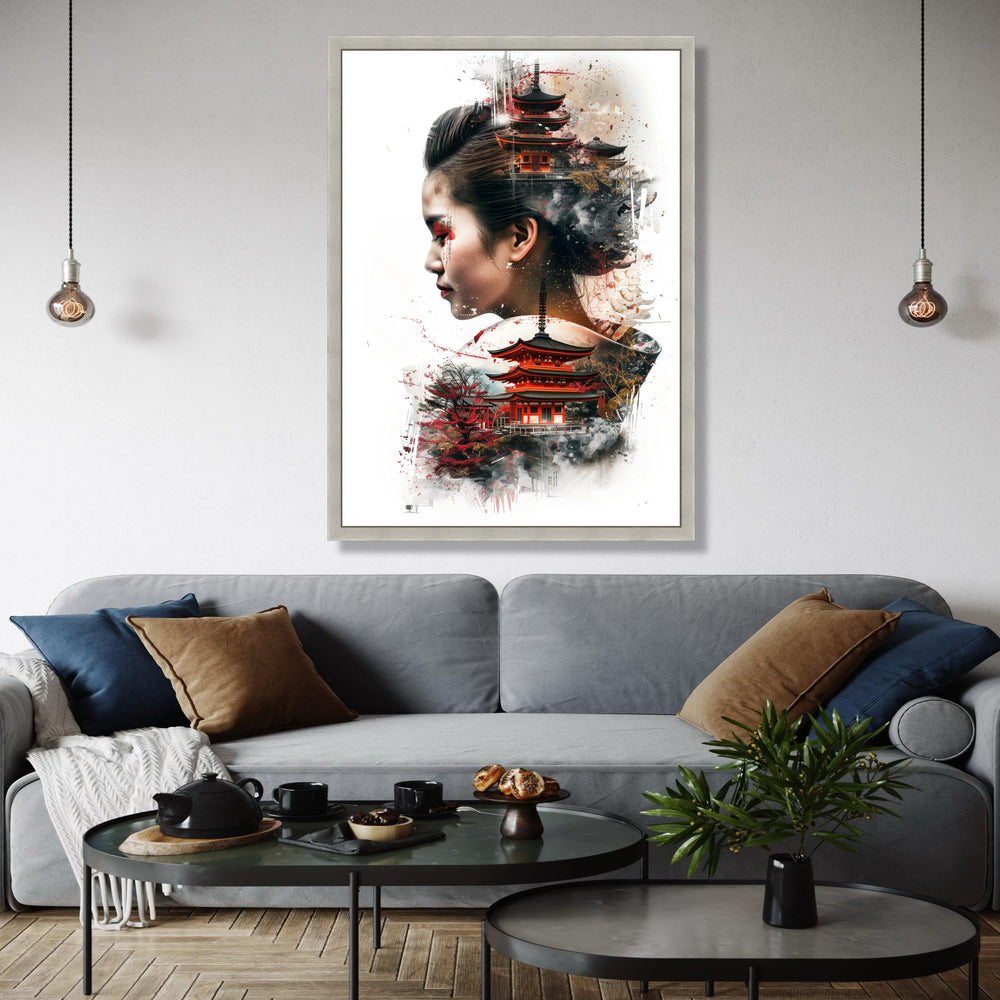 Asian Woman Portrait with Japanese Pagoda, Oriental Temple Canvas Art, Cultural Fusion Wall Decor, Modern Asian Gift Art, Home Decor, Print