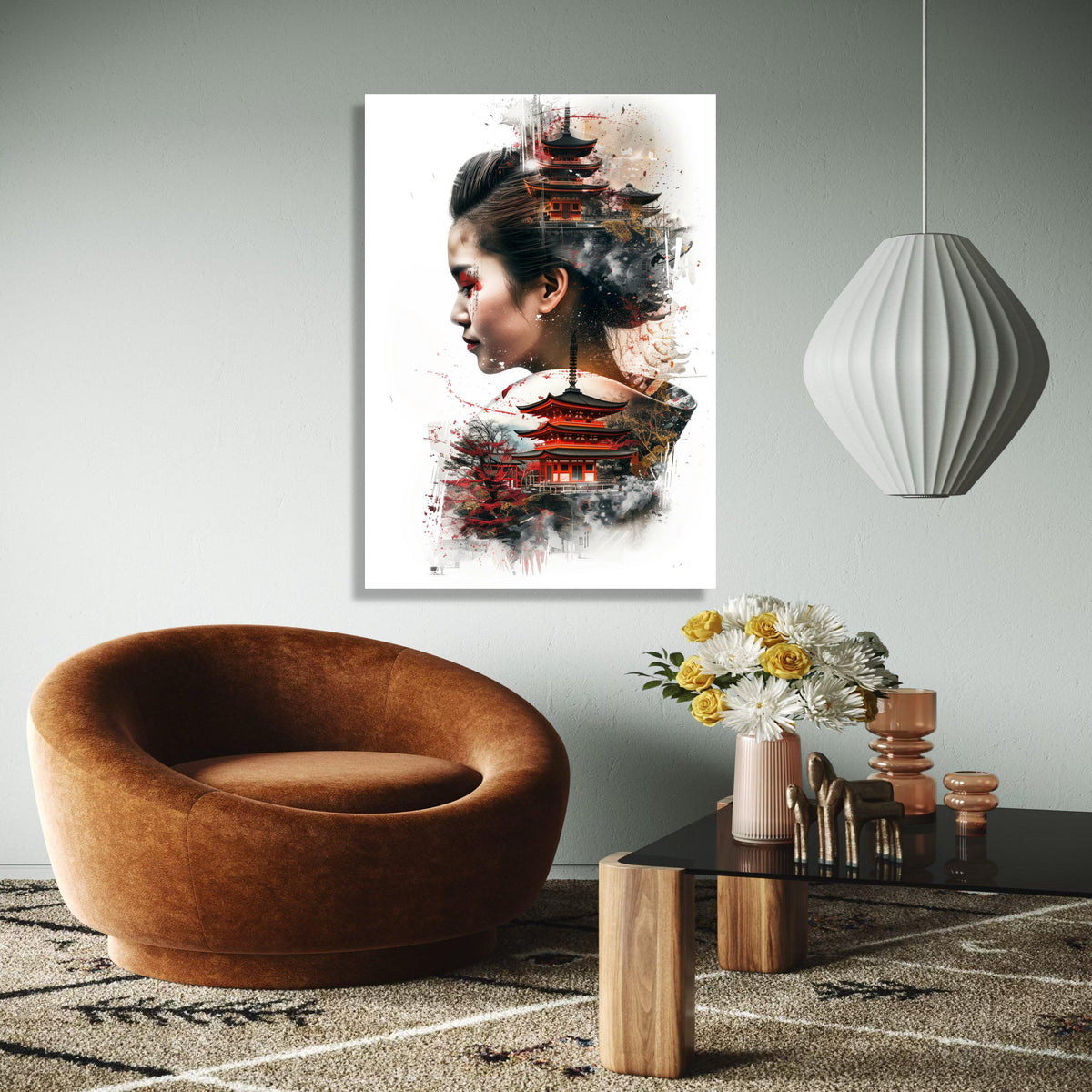 Asian Woman Portrait with Japanese Pagoda, Oriental Temple Canvas Art, Cultural Fusion Wall Decor, Modern Asian Gift Art, Home Decor, Print