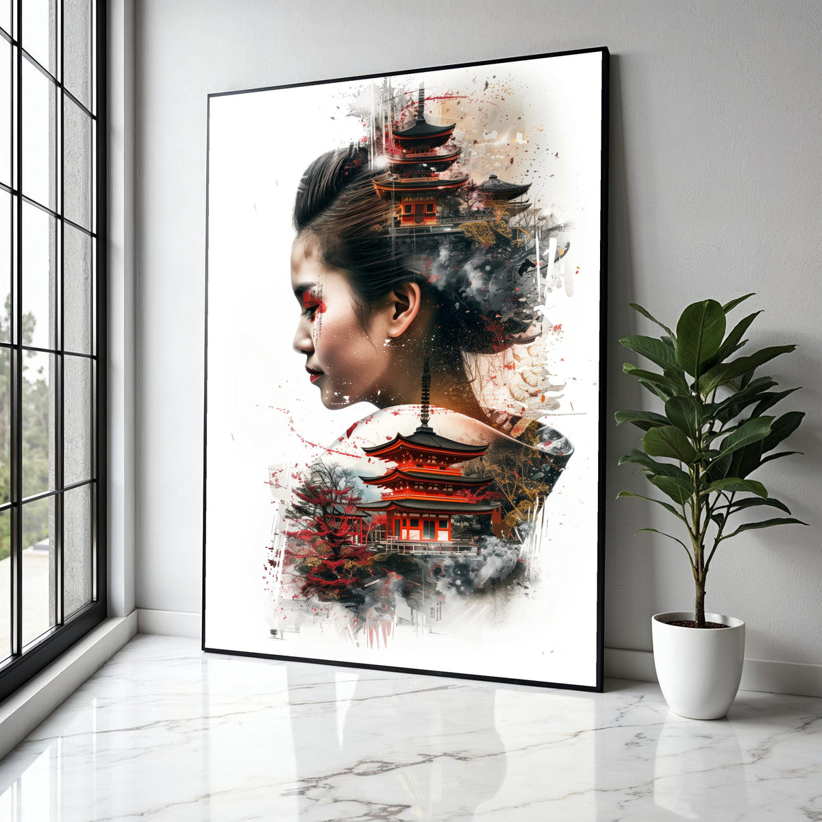 Asian Woman Portrait with Japanese Pagoda, Oriental Temple Canvas Art, Cultural Fusion Wall Decor, Modern Asian Gift Art, Home Decor, Print
