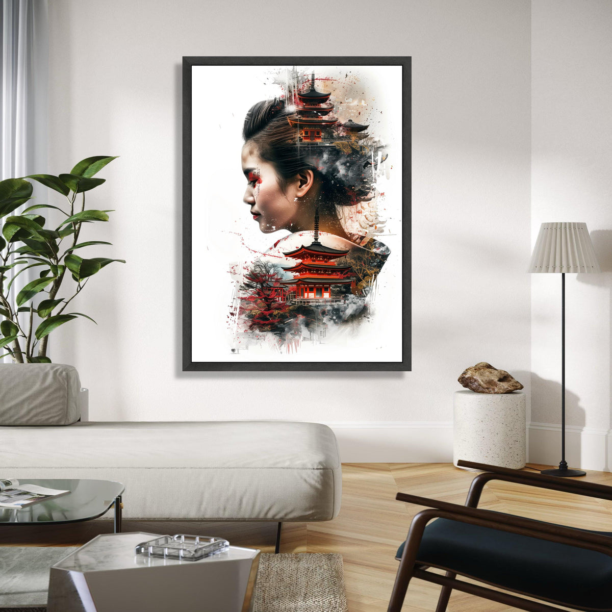 Asian Woman Portrait with Japanese Pagoda, Oriental Temple Canvas Art, Cultural Fusion Wall Decor, Modern Asian Gift Art, Home Decor, Print