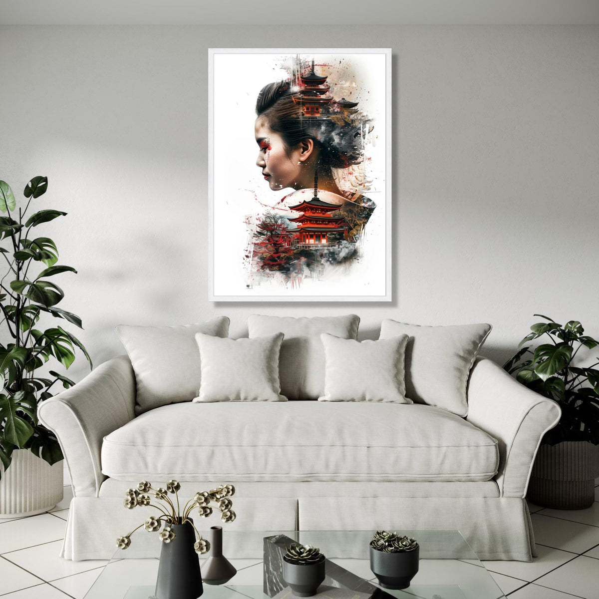 Asian Woman Portrait with Japanese Pagoda, Oriental Temple Canvas Art, Cultural Fusion Wall Decor, Modern Asian Gift Art, Home Decor, Print