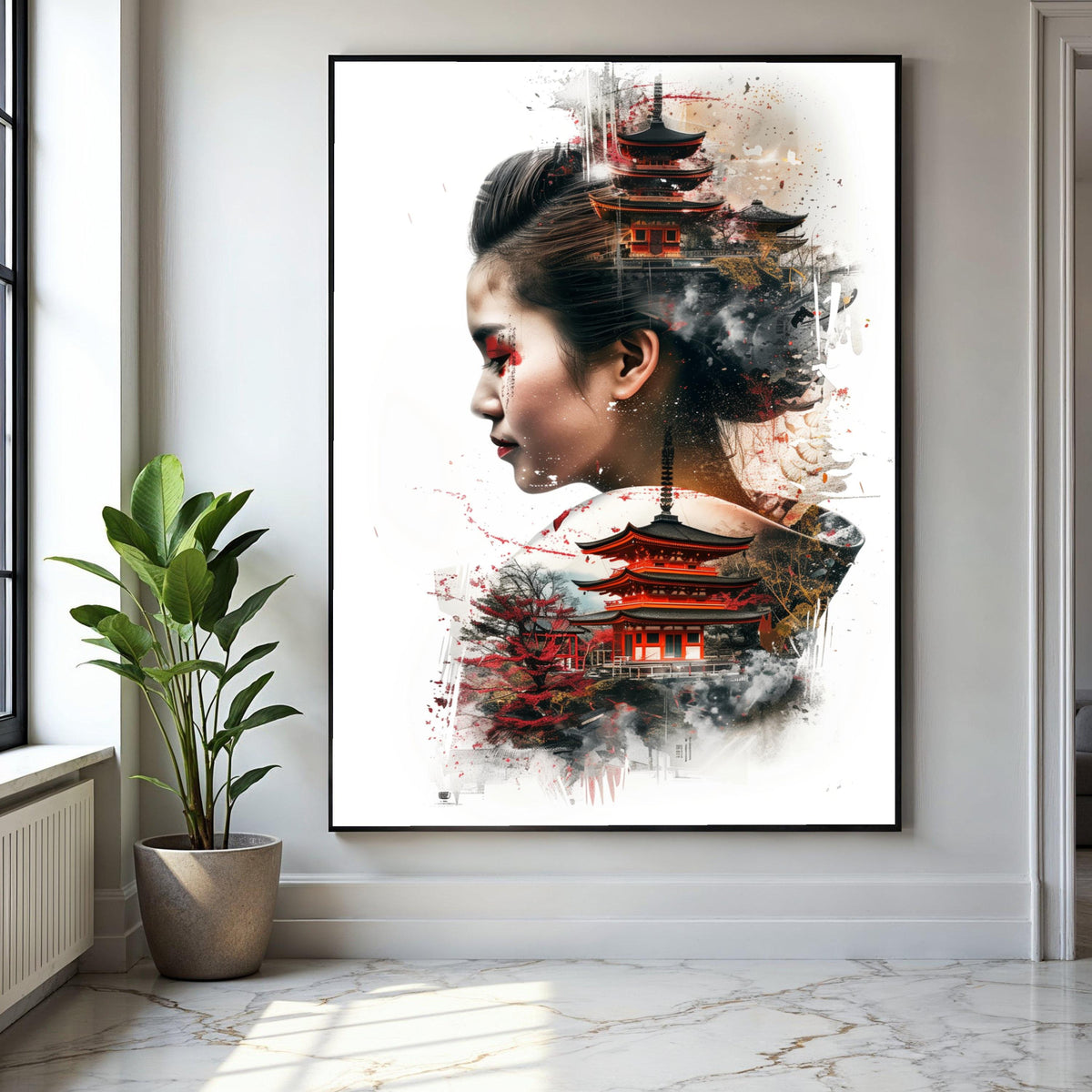 Asian Woman Portrait with Japanese Pagoda, Oriental Temple Canvas Art, Cultural Fusion Wall Decor, Modern Asian Gift Art, Home Decor, Print