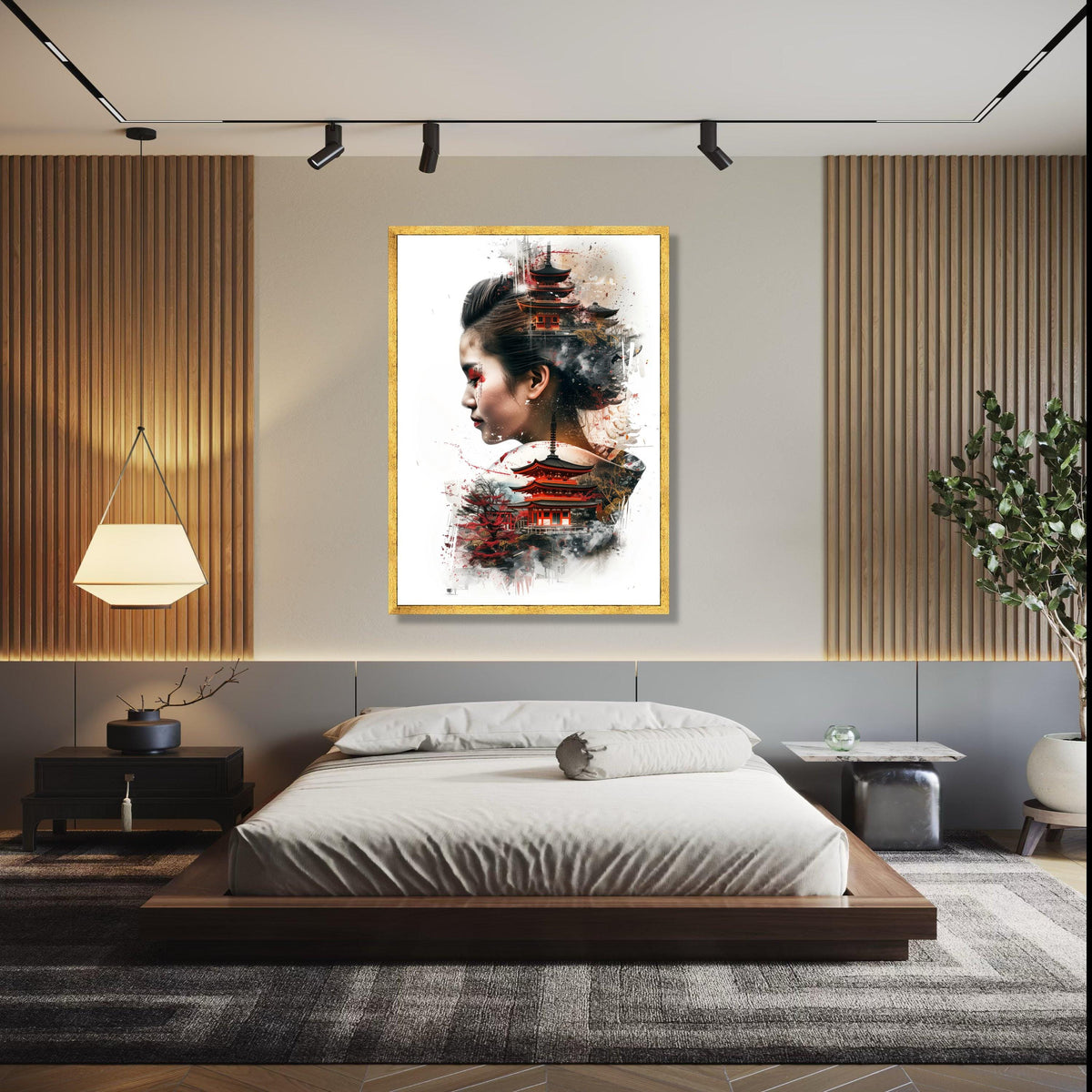 Asian Woman Portrait with Japanese Pagoda, Oriental Temple Canvas Art, Cultural Fusion Wall Decor, Modern Asian Gift Art, Home Decor, Print