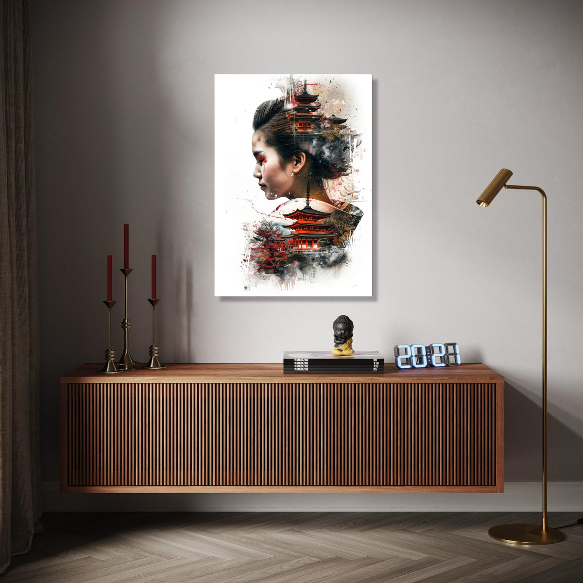 Asian Woman Portrait with Japanese Pagoda, Oriental Temple Canvas Art, Cultural Fusion Wall Decor, Modern Asian Gift Art, Home Decor, Print
