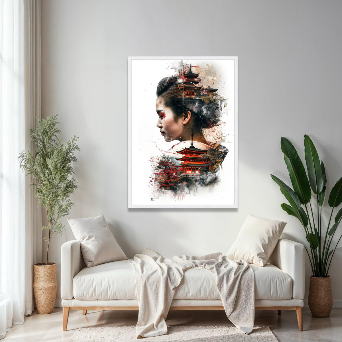 Asian Woman Portrait with Japanese Pagoda, Oriental Temple Canvas Art, Cultural Fusion Wall Decor, Modern Asian Gift Art, Home Decor, Print