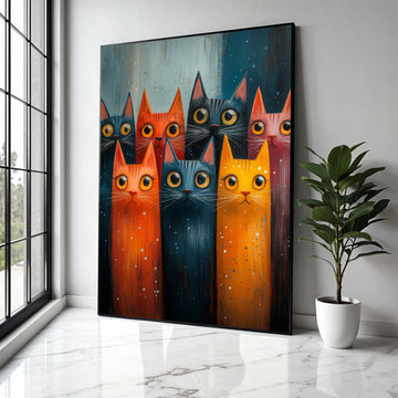 Whimsical Cat Portraits Canvas, Colorful Feline Wall Art, Playful Cats Illustration, Modern Animal Canvas Decor, Gift Art, Home Decor, Print