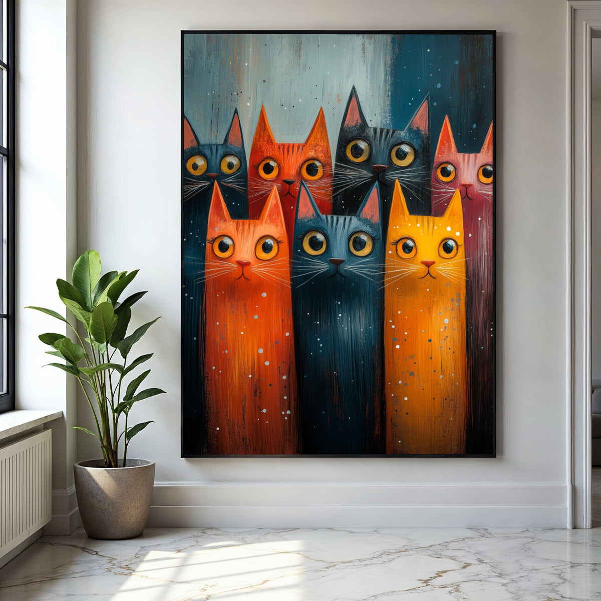 Whimsical Cat Portraits Canvas, Colorful Feline Wall Art, Playful Cats Illustration, Modern Animal Canvas Decor, Gift Art, Home Decor, Print