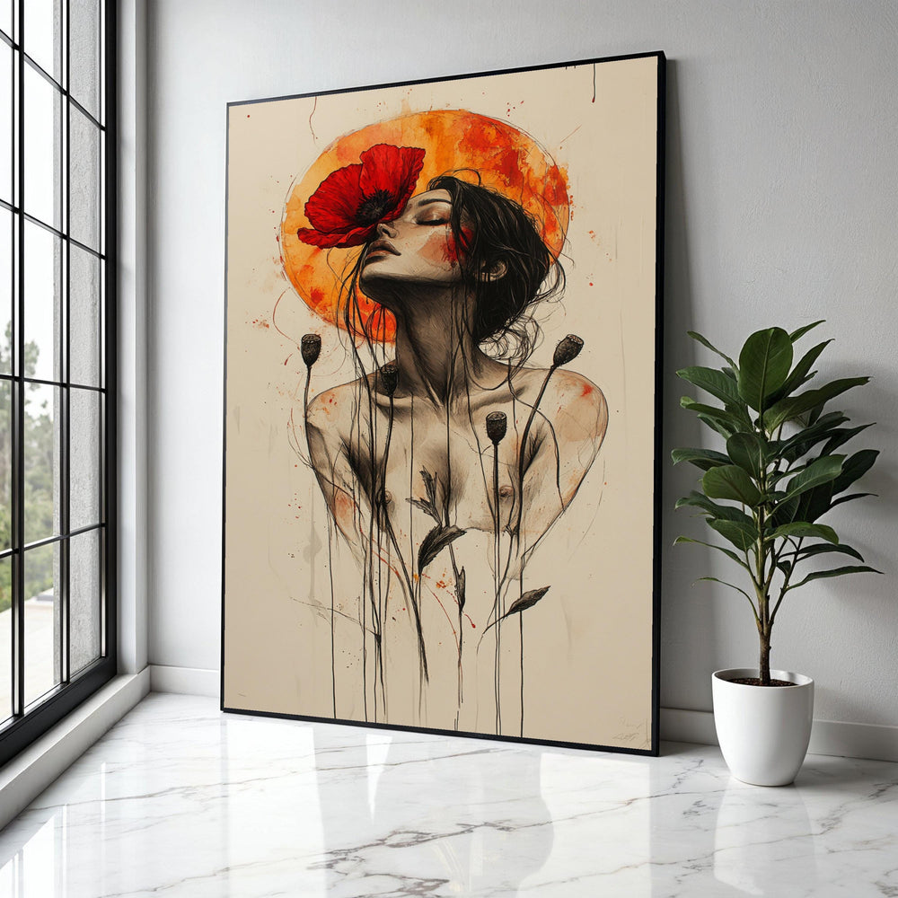 Ethereal Woman with Red Poppy Canvas, Abstract Floral Portrait Wall Art, Modern Feminine Art Print, Bohemian Gift Art, Home Decor, Print