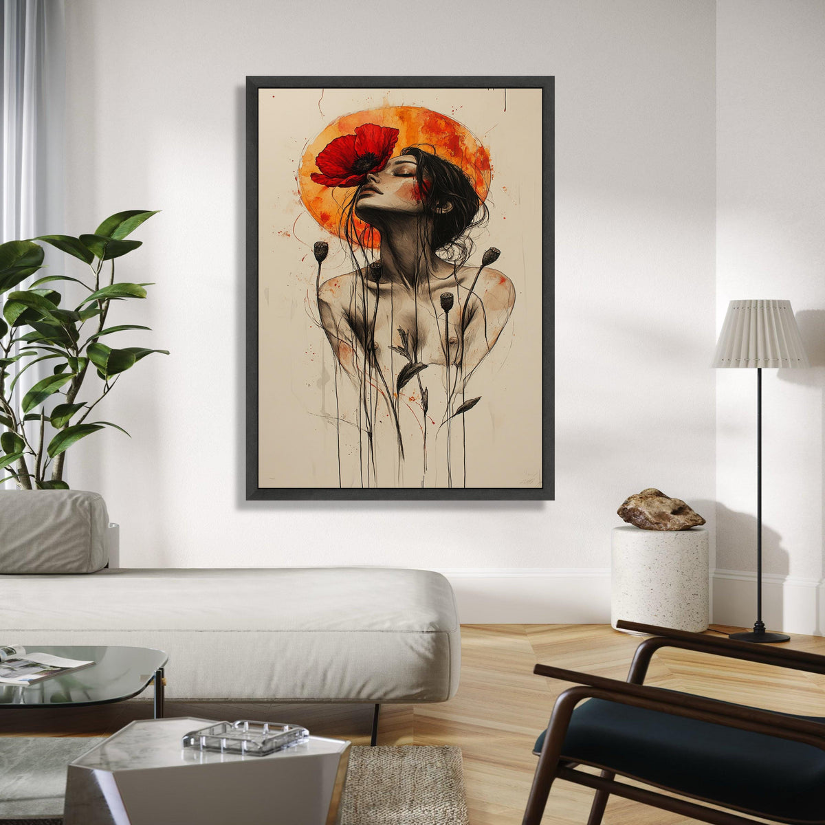 Ethereal Woman with Red Poppy Canvas, Abstract Floral Portrait Wall Art, Modern Feminine Art Print, Bohemian Gift Art, Home Decor, Print