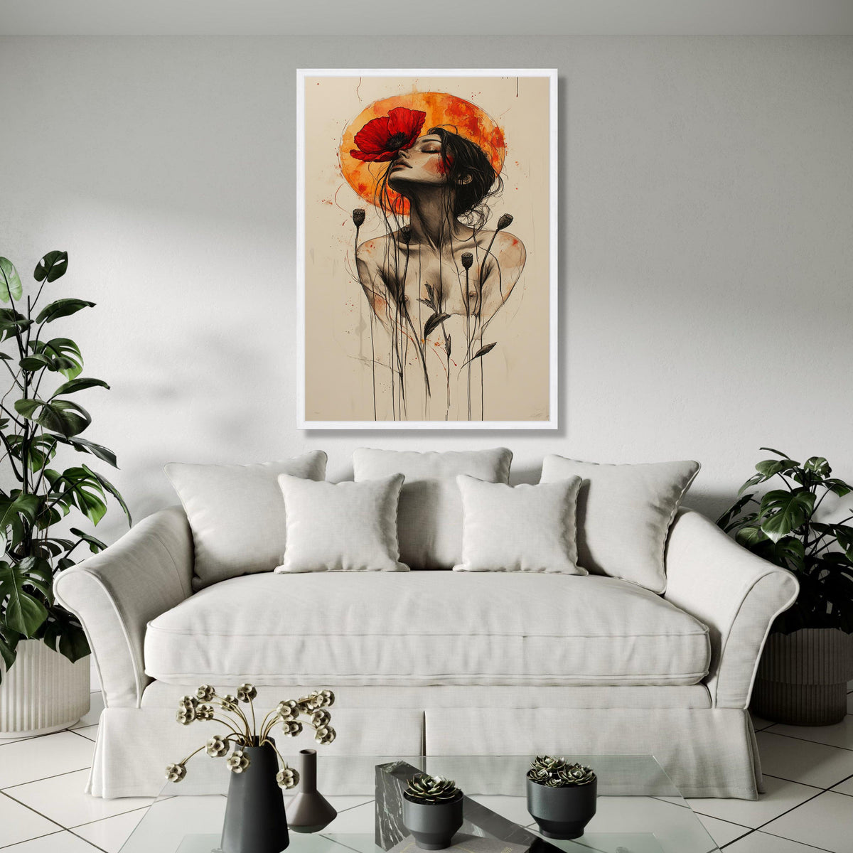 Ethereal Woman with Red Poppy Canvas, Abstract Floral Portrait Wall Art, Modern Feminine Art Print, Bohemian Gift Art, Home Decor, Print