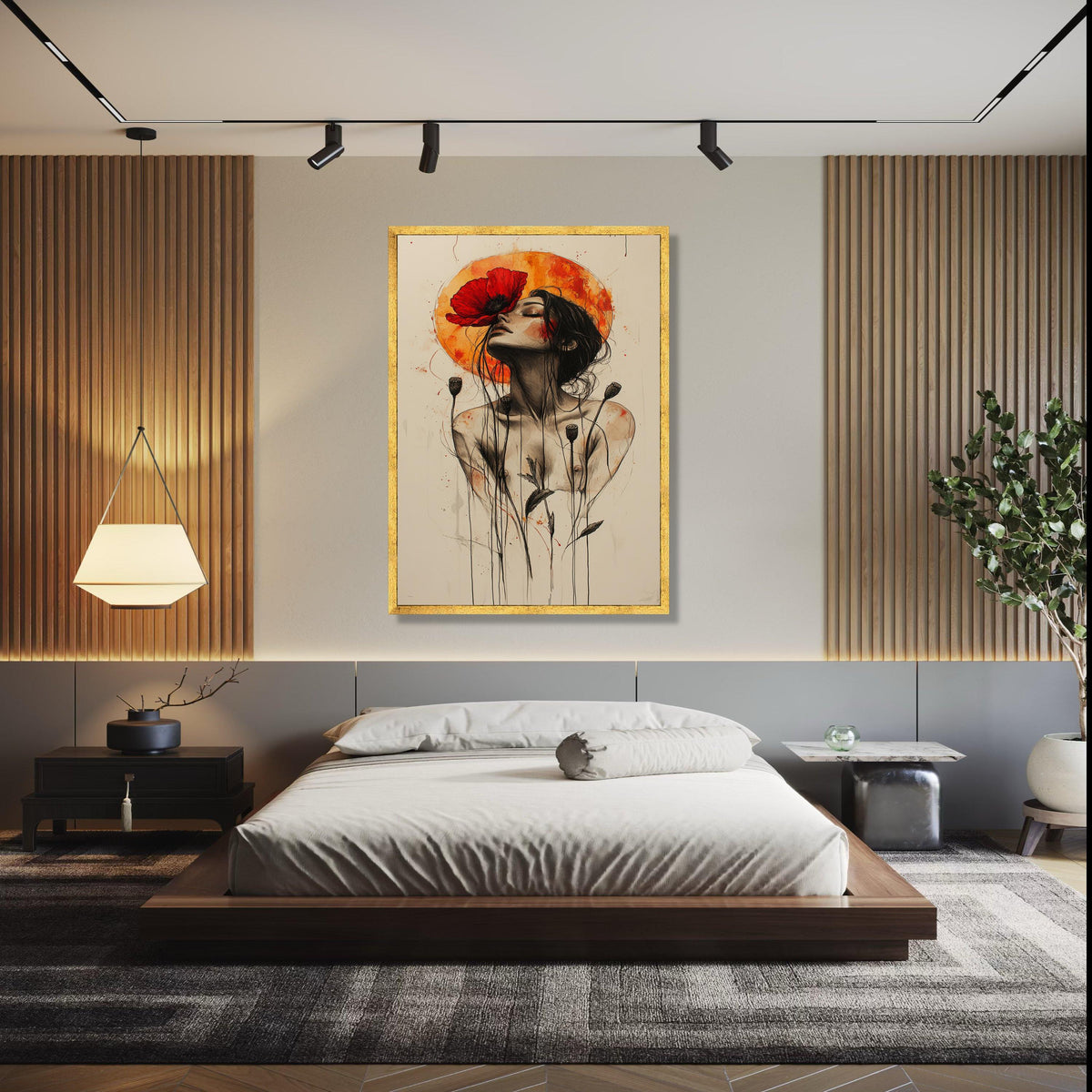 Ethereal Woman with Red Poppy Canvas, Abstract Floral Portrait Wall Art, Modern Feminine Art Print, Bohemian Gift Art, Home Decor, Print