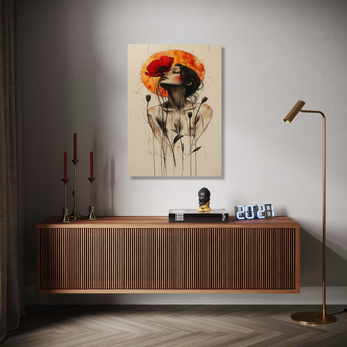 Ethereal Woman with Red Poppy Canvas, Abstract Floral Portrait Wall Art, Modern Feminine Art Print, Bohemian Gift Art, Home Decor, Print