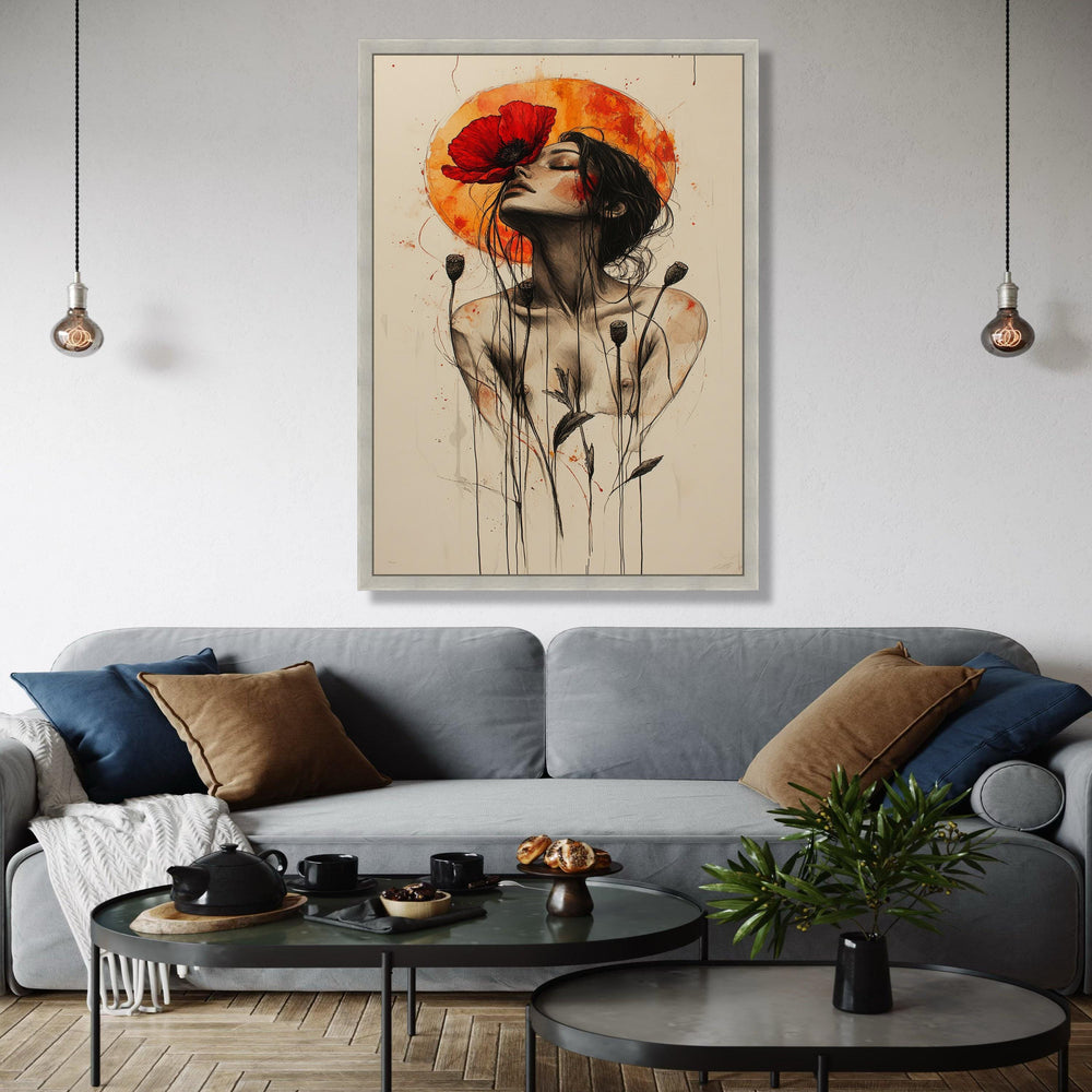 Ethereal Woman with Red Poppy Canvas, Abstract Floral Portrait Wall Art, Modern Feminine Art Print, Bohemian Gift Art, Home Decor, Print