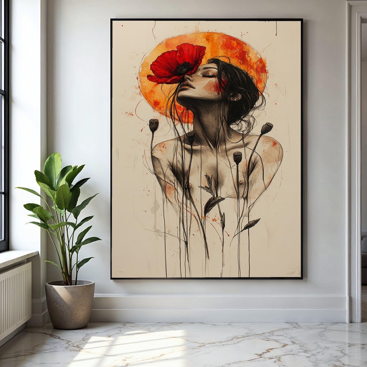Ethereal Woman with Red Poppy Canvas, Abstract Floral Portrait Wall Art, Modern Feminine Art Print, Bohemian Gift Art, Home Decor, Print