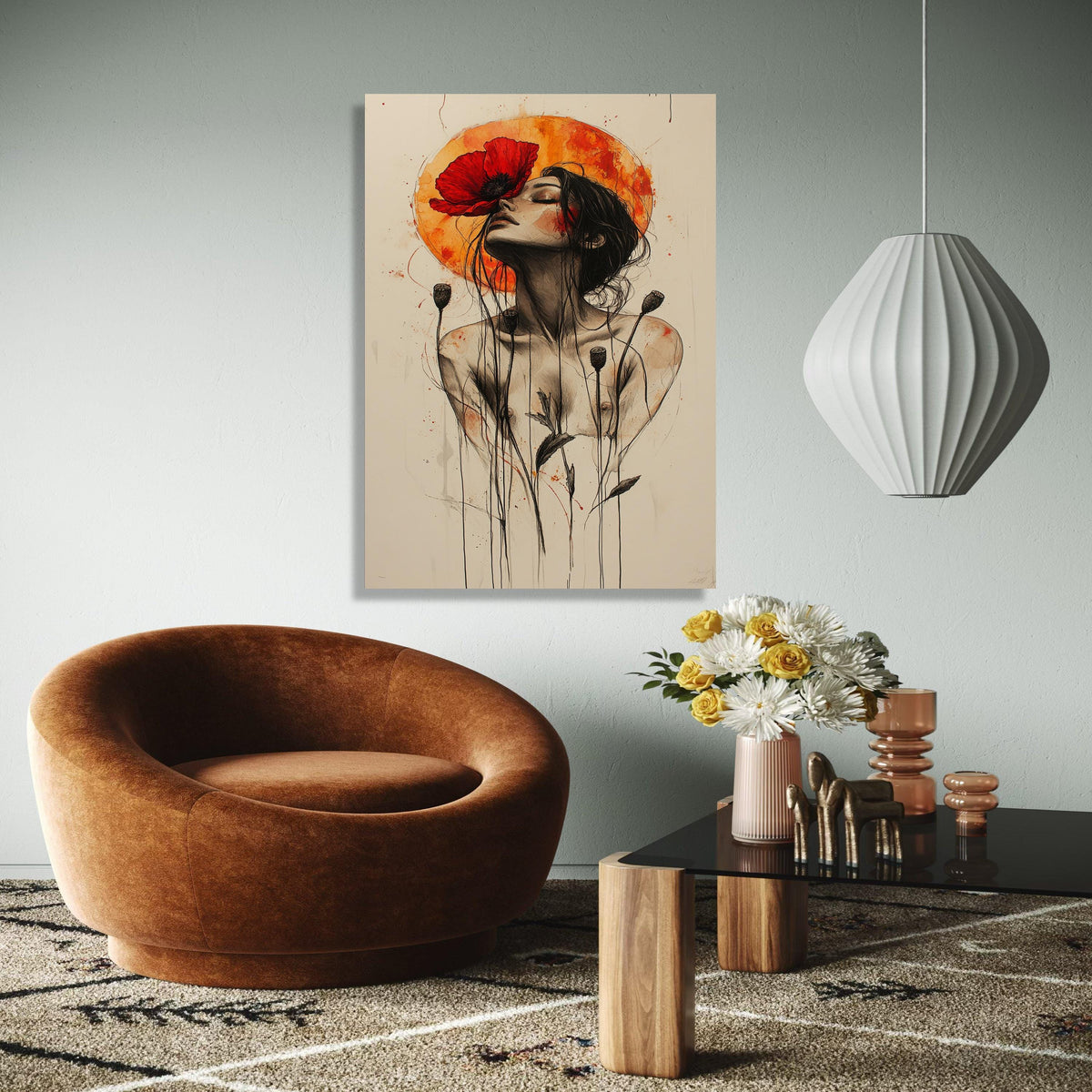 Ethereal Woman with Red Poppy Canvas, Abstract Floral Portrait Wall Art, Modern Feminine Art Print, Bohemian Gift Art, Home Decor, Print