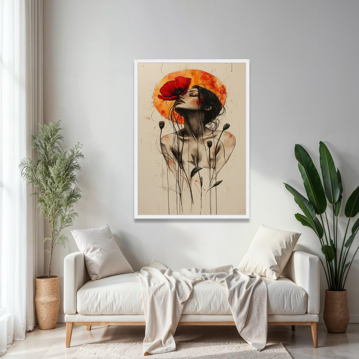 Ethereal Woman with Red Poppy Canvas, Abstract Floral Portrait Wall Art, Modern Feminine Art Print, Bohemian Gift Art, Home Decor, Print
