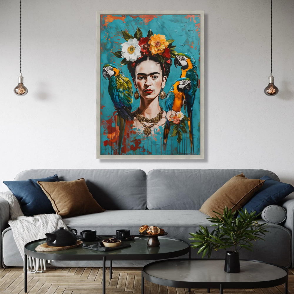 Frida Inspired Portrait Canvas Wall Art, Vibrant Tropical Parrots and Floral Crown, Colorful Mexican Art Decor, Gift Art, Home Decor, Print