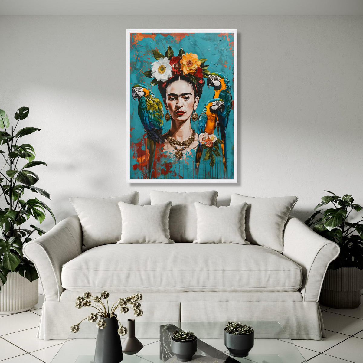 Frida Inspired Portrait Canvas Wall Art, Vibrant Tropical Parrots and Floral Crown, Colorful Mexican Art Decor, Gift Art, Home Decor, Print