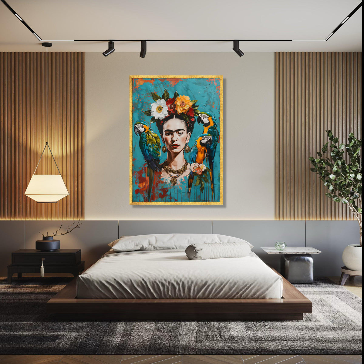 Frida Inspired Portrait Canvas Wall Art, Vibrant Tropical Parrots and Floral Crown, Colorful Mexican Art Decor, Gift Art, Home Decor, Print