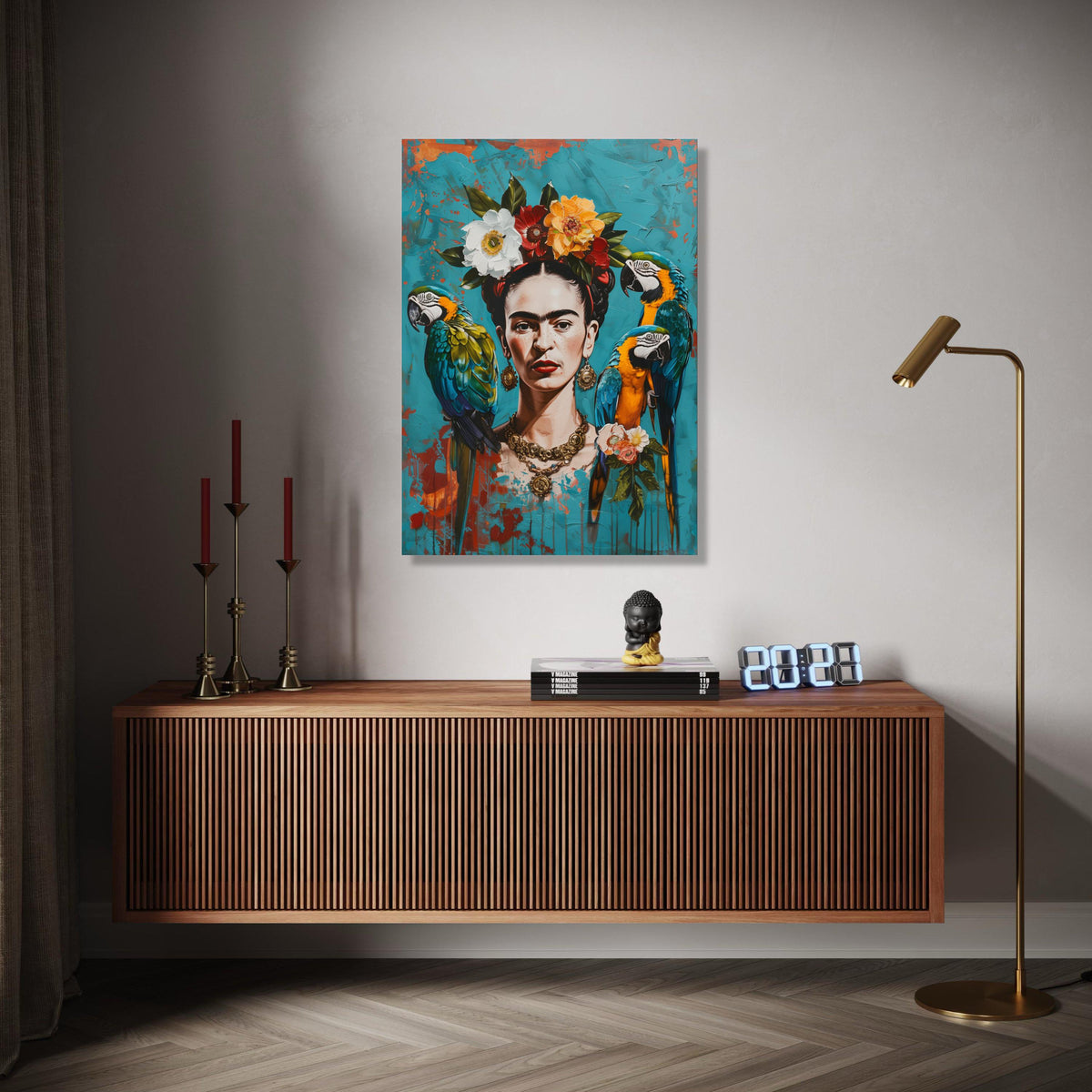 Frida Inspired Portrait Canvas Wall Art, Vibrant Tropical Parrots and Floral Crown, Colorful Mexican Art Decor, Gift Art, Home Decor, Print