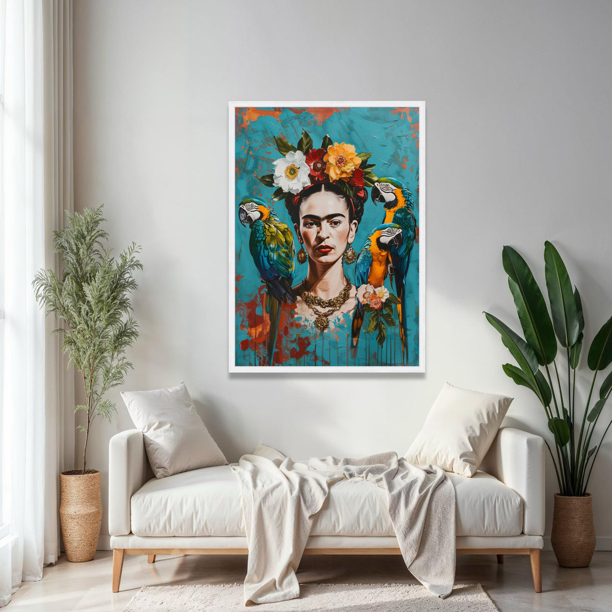 Frida Inspired Portrait Canvas Wall Art, Vibrant Tropical Parrots and Floral Crown, Colorful Mexican Art Decor, Gift Art, Home Decor, Print