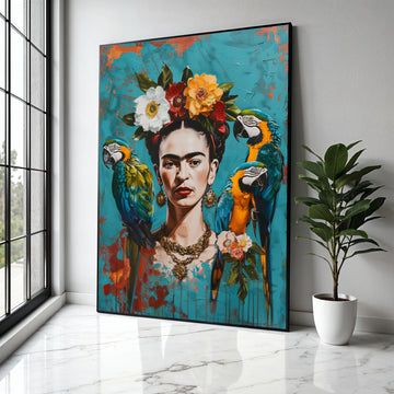 Frida Inspired Portrait Canvas Wall Art, Vibrant Tropical Parrots and Floral Crown, Colorful Mexican Art Decor, Gift Art, Home Decor, Print