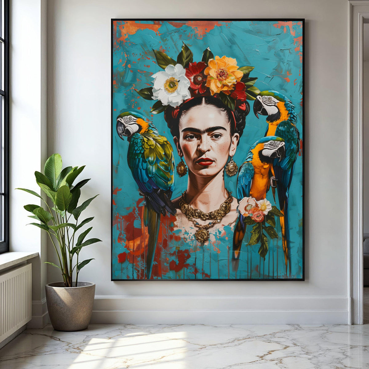 Frida Inspired Portrait Canvas Wall Art, Vibrant Tropical Parrots and Floral Crown, Colorful Mexican Art Decor, Gift Art, Home Decor, Print
