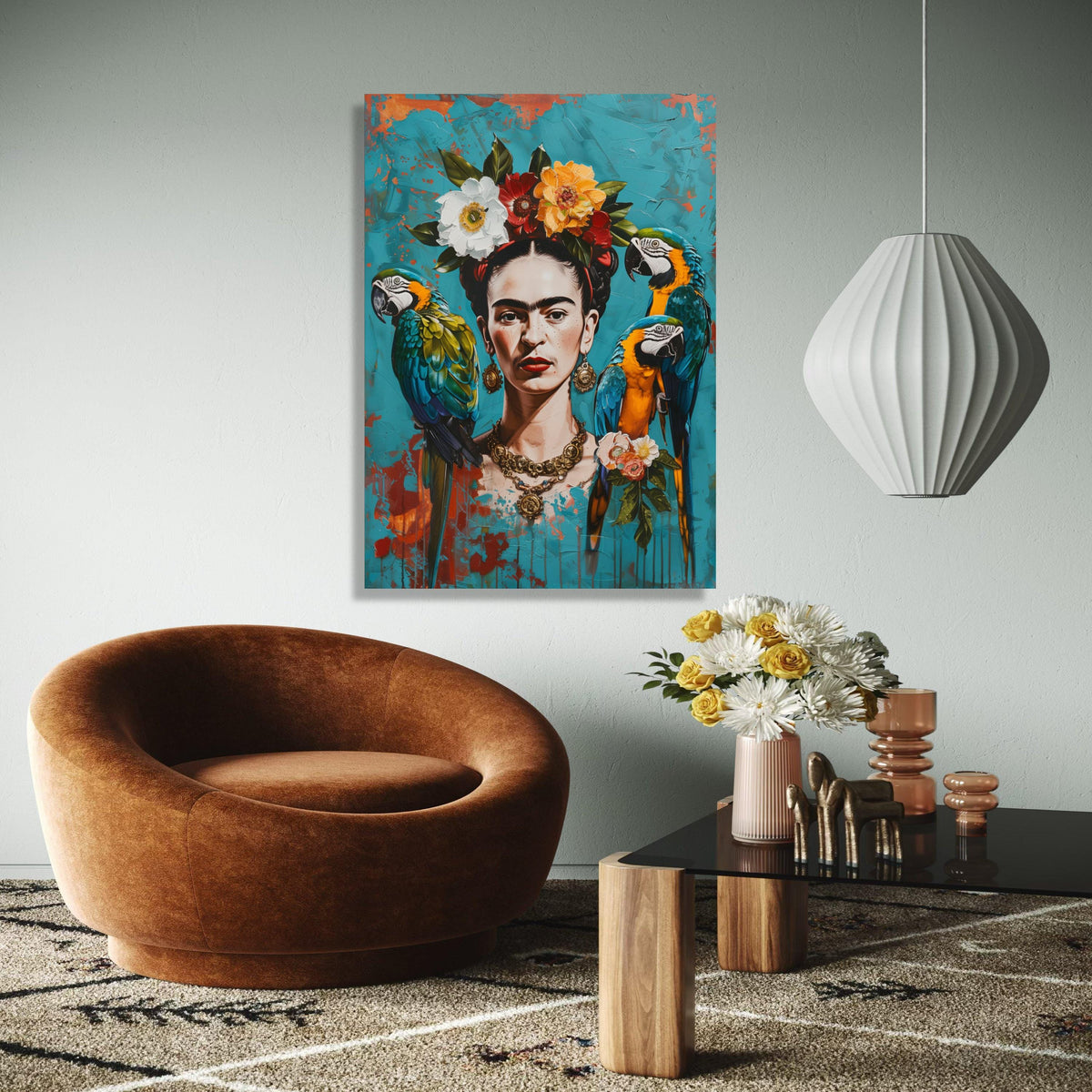 Frida Inspired Portrait Canvas Wall Art, Vibrant Tropical Parrots and Floral Crown, Colorful Mexican Art Decor, Gift Art, Home Decor, Print