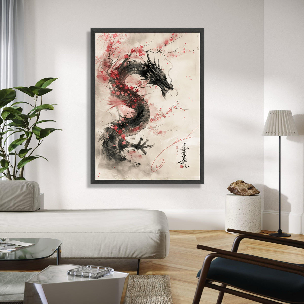 Majestic Asian Dragon Canvas Wall Art, Cherry Blossom and Ink Wash Painting, Traditional Japanese Art, Oriental Gift Art, Home Decor, Print