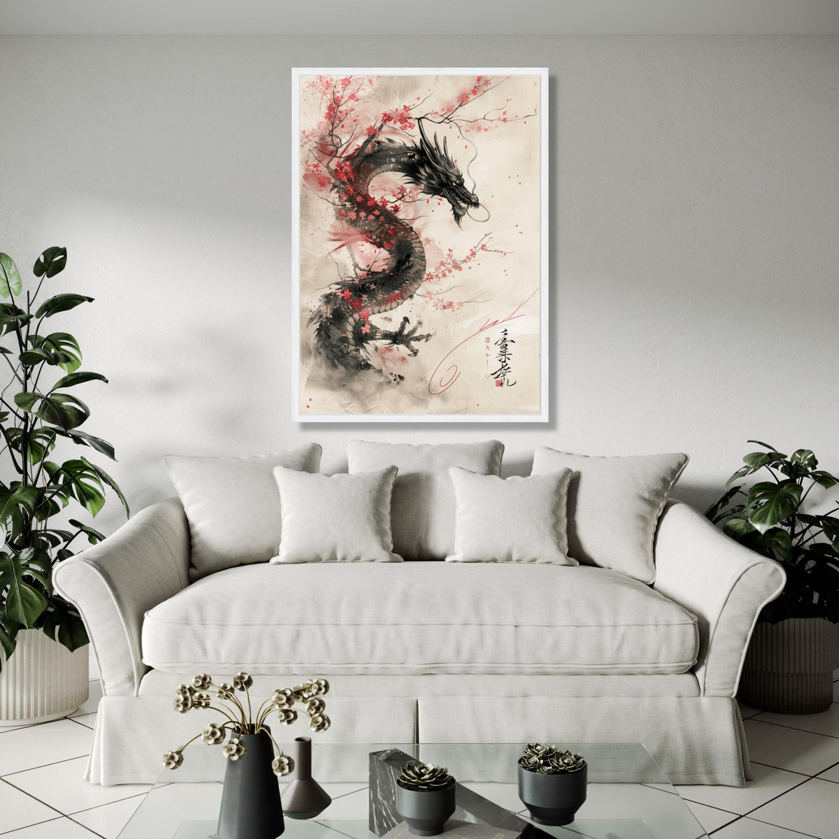 Majestic Asian Dragon Canvas Wall Art, Cherry Blossom and Ink Wash Painting, Traditional Japanese Art, Oriental Gift Art, Home Decor, Print