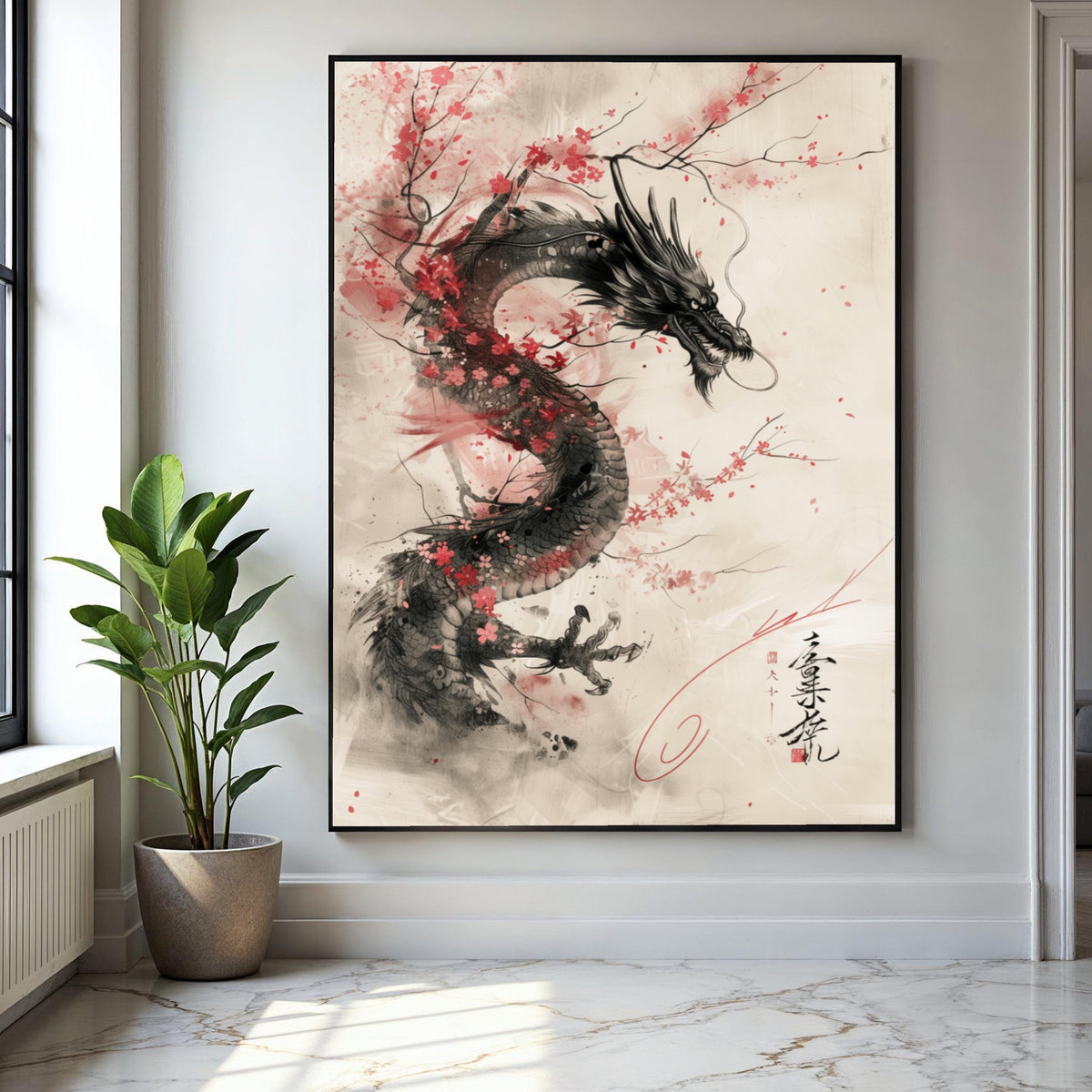 Majestic Asian Dragon Canvas Wall Art, Cherry Blossom and Ink Wash Painting, Traditional Japanese Art, Oriental Gift Art, Home Decor, Print