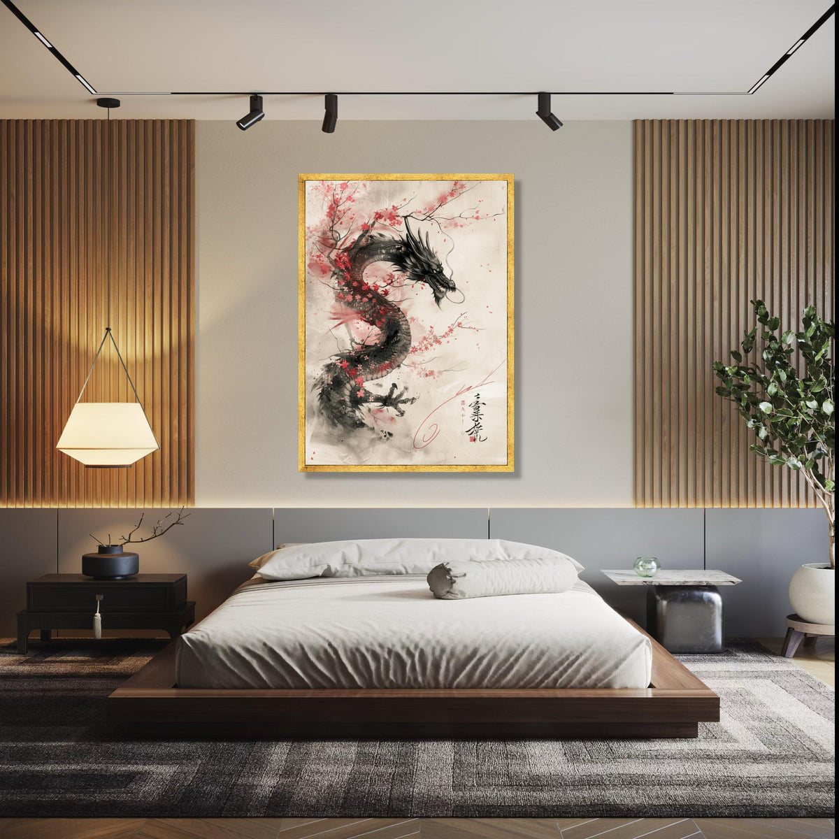 Majestic Asian Dragon Canvas Wall Art, Cherry Blossom and Ink Wash Painting, Traditional Japanese Art, Oriental Gift Art, Home Decor, Print