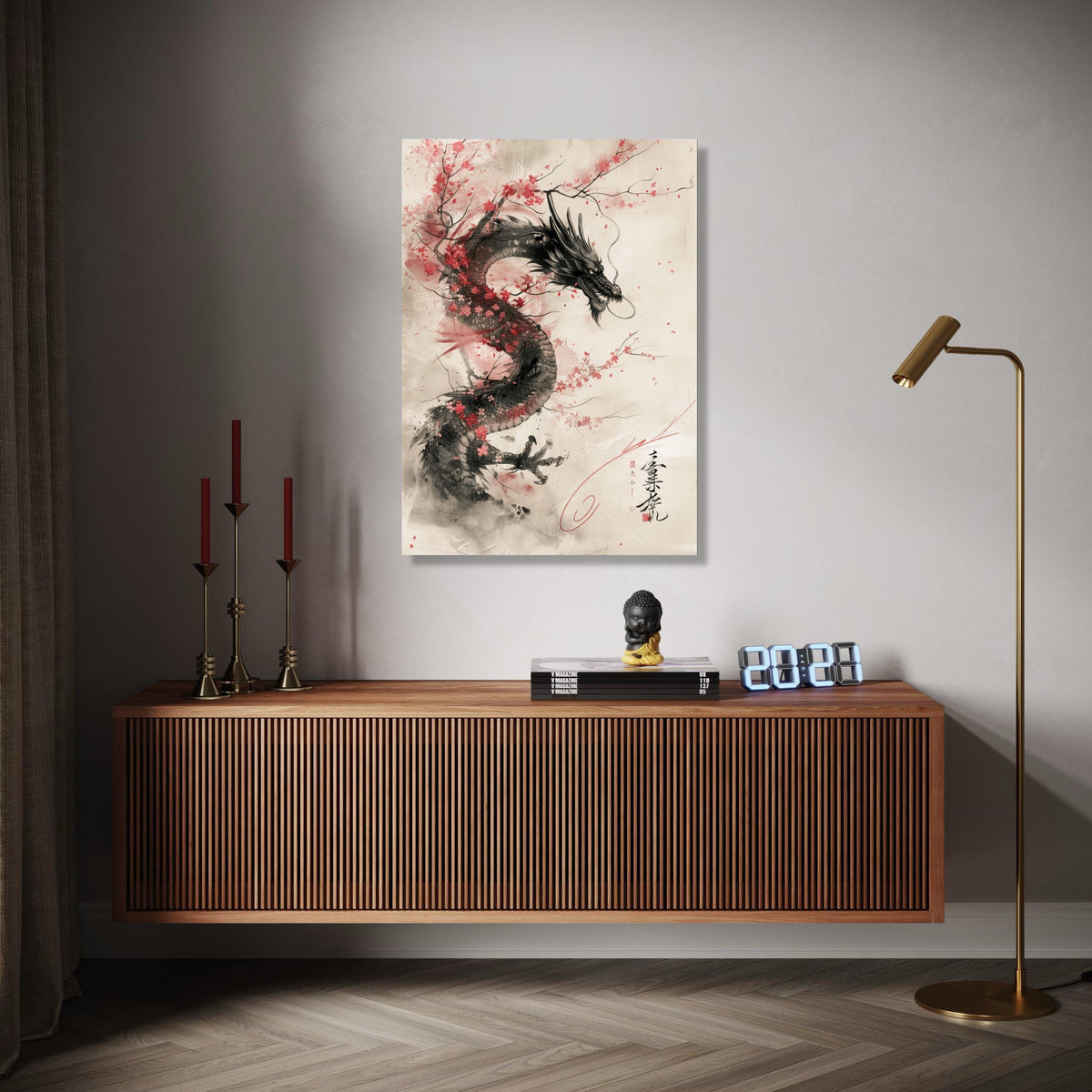 Majestic Asian Dragon Canvas Wall Art, Cherry Blossom and Ink Wash Painting, Traditional Japanese Art, Oriental Gift Art, Home Decor, Print