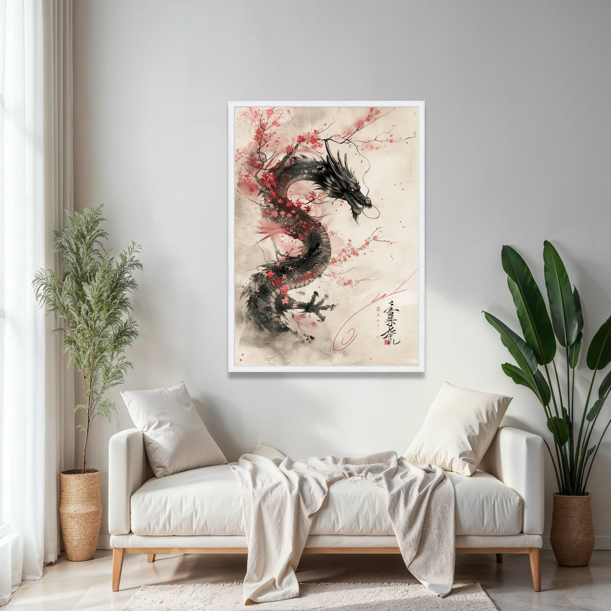 Majestic Asian Dragon Canvas Wall Art, Cherry Blossom and Ink Wash Painting, Traditional Japanese Art, Oriental Gift Art, Home Decor, Print