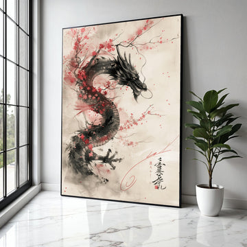Majestic Asian Dragon Canvas Wall Art, Cherry Blossom and Ink Wash Painting, Traditional Japanese Art, Oriental Gift Art, Home Decor, Print