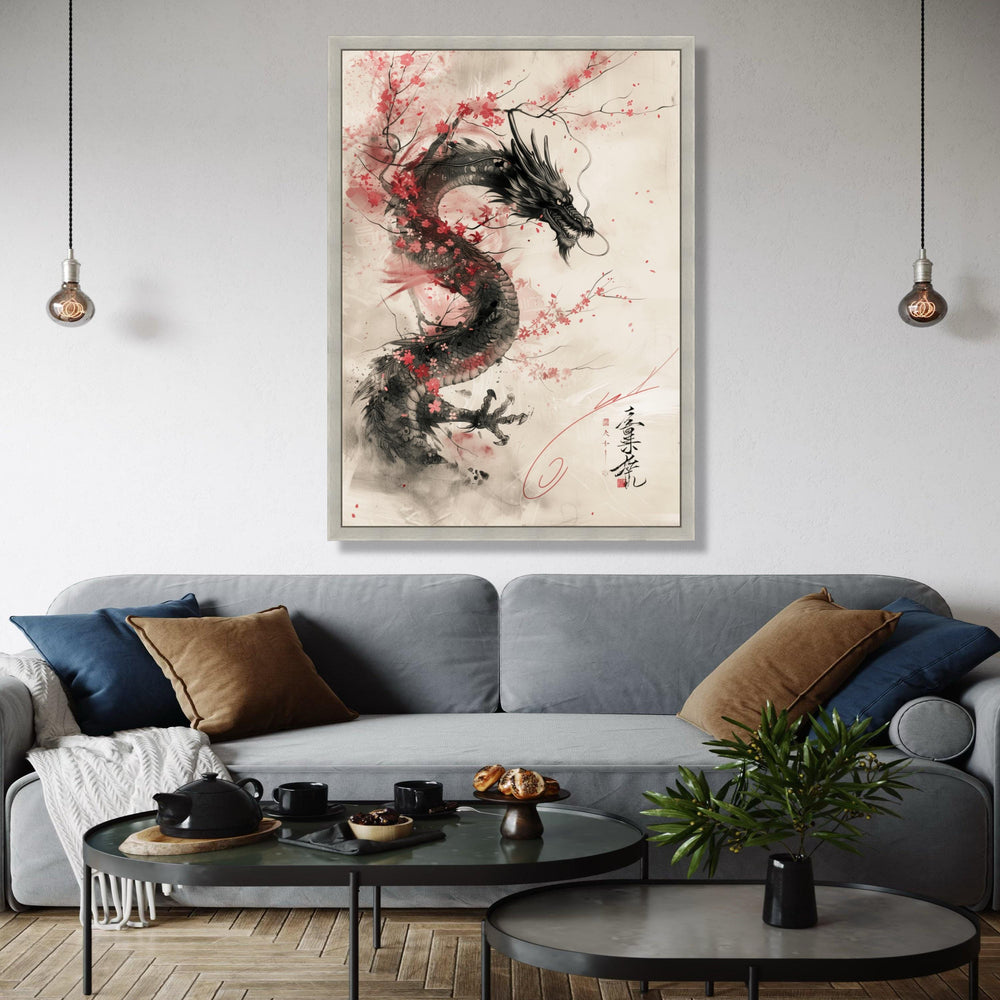 Majestic Asian Dragon Canvas Wall Art, Cherry Blossom and Ink Wash Painting, Traditional Japanese Art, Oriental Gift Art, Home Decor, Print