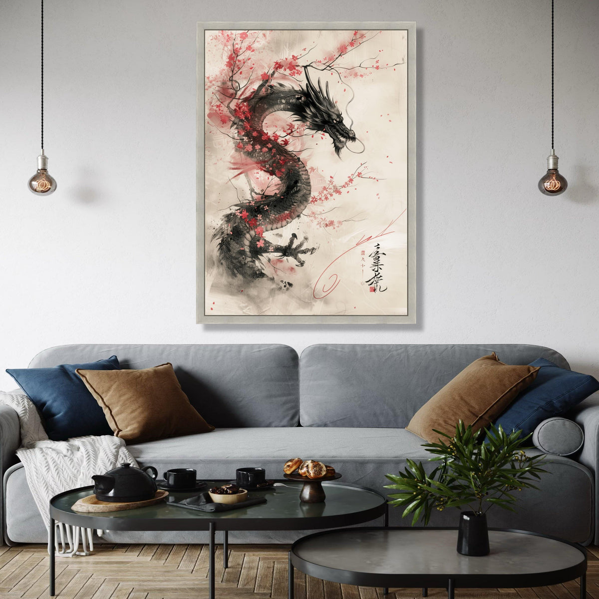 Majestic Asian Dragon Canvas Wall Art, Cherry Blossom and Ink Wash Painting, Traditional Japanese Art, Oriental Gift Art, Home Decor, Print