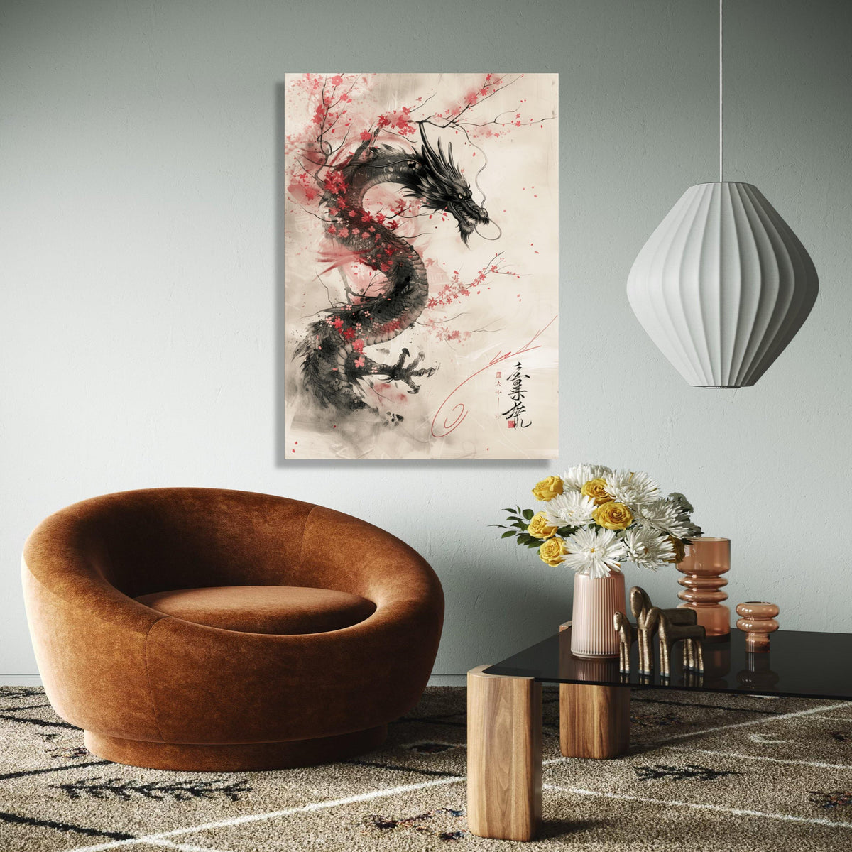 Majestic Asian Dragon Canvas Wall Art, Cherry Blossom and Ink Wash Painting, Traditional Japanese Art, Oriental Gift Art, Home Decor, Print