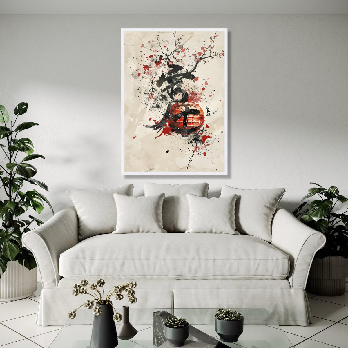 Japanese Lantern Canvas Wall Art, Ink Splash Cherry Blossom Painting, Asian Calligraphy Print, Modern Oriental Gift Art, Home Decor, Print