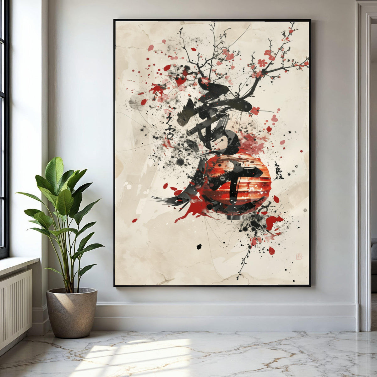 Japanese Lantern Canvas Wall Art, Ink Splash Cherry Blossom Painting, Asian Calligraphy Print, Modern Oriental Gift Art, Home Decor, Print